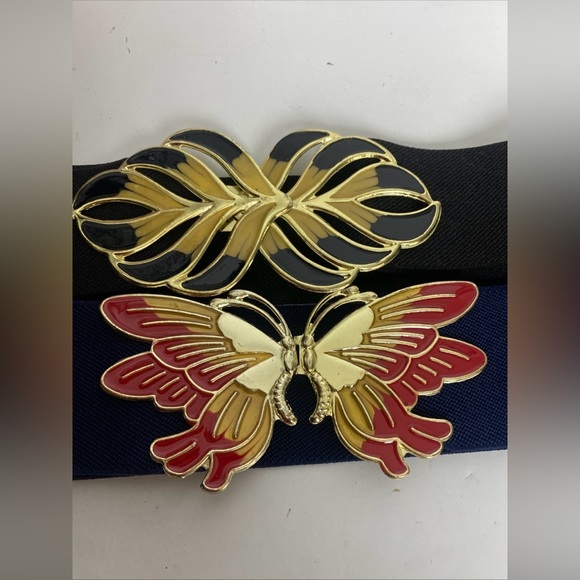 Two Vintage Elastic Belts with Gold Tone Enamel Buckle up to 30\